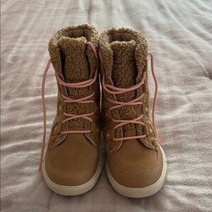 Sorel Tan Lace Up Boots with Pink Accents